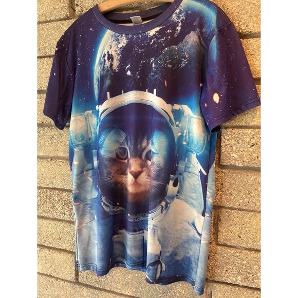 Astronaut Cat Graphic T-Shirt Large Space Galaxy Print Polyester/Spandex Unisex - Picture 2 of 6